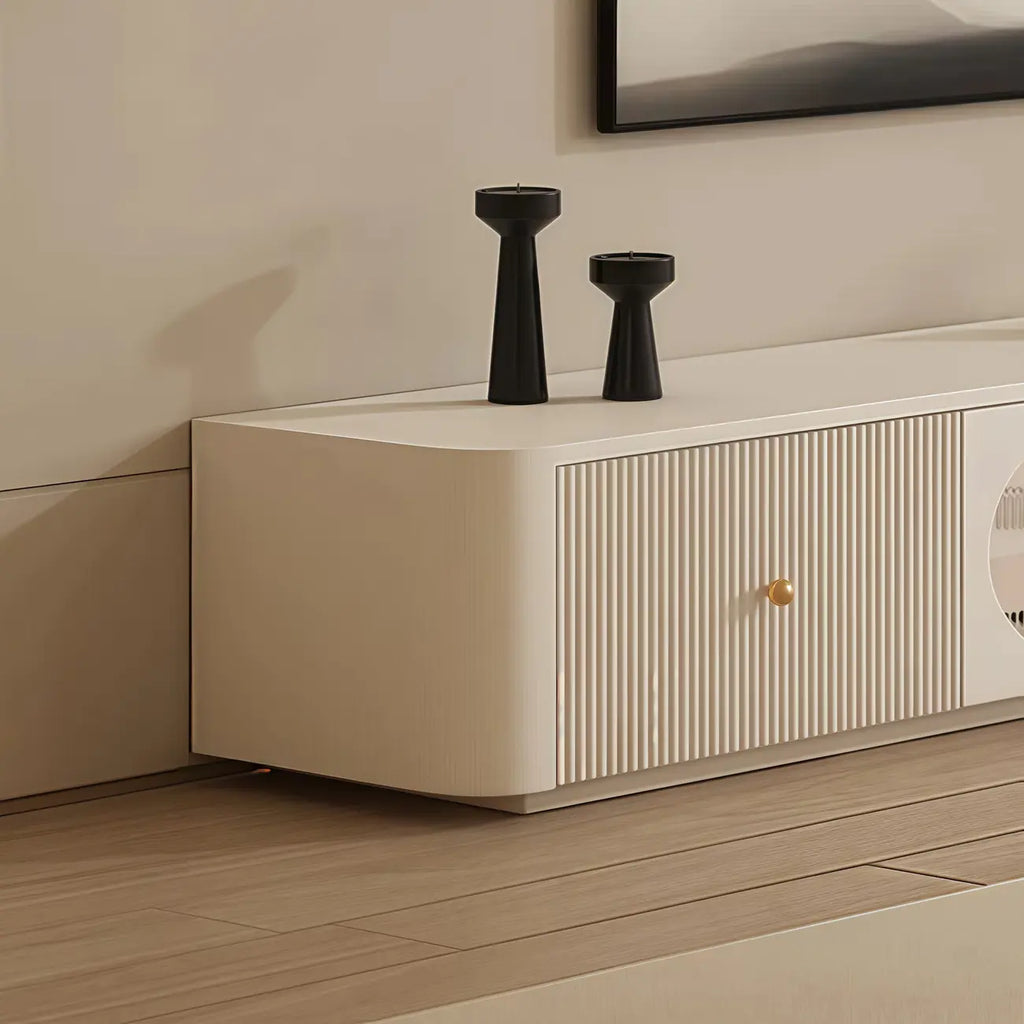 Meuble TV long et moderne en bois blanc avec tiroirs