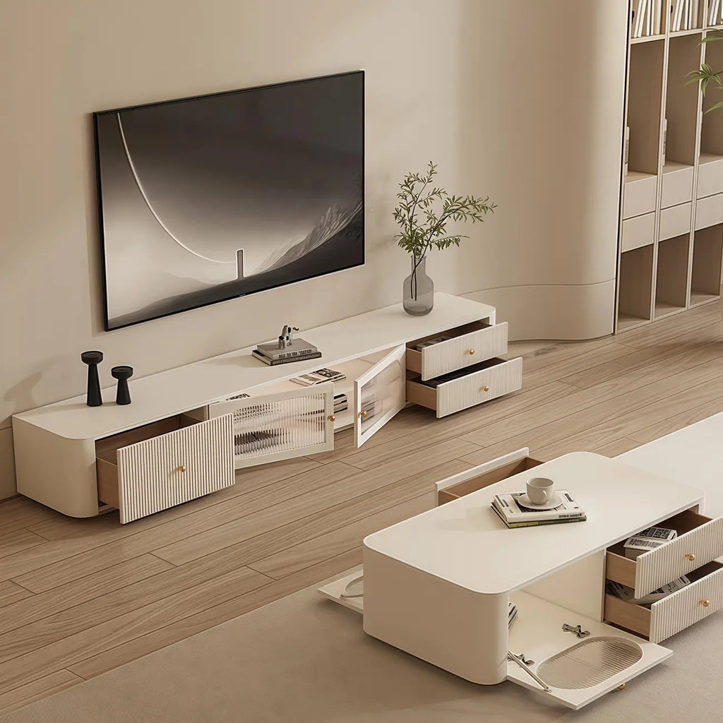 Meuble TV long et moderne en bois blanc avec tiroirs