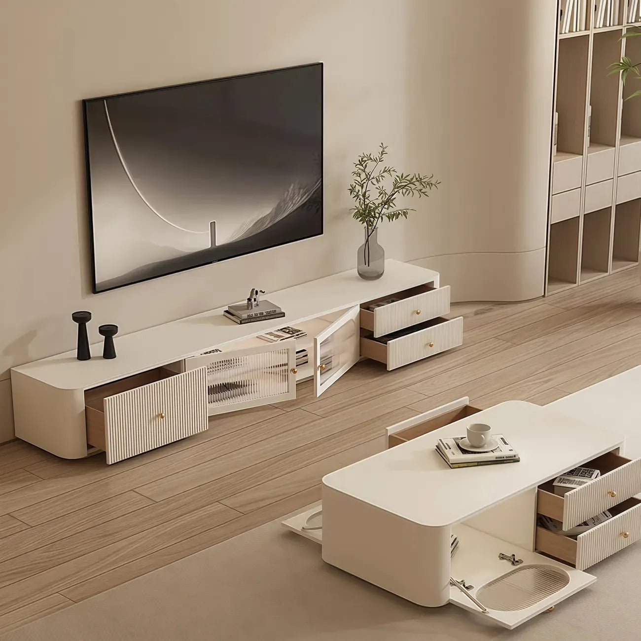 Meuble TV long et moderne en bois blanc avec tiroirs
