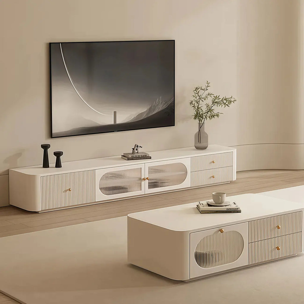 Meuble TV long et moderne en bois blanc avec tiroirs