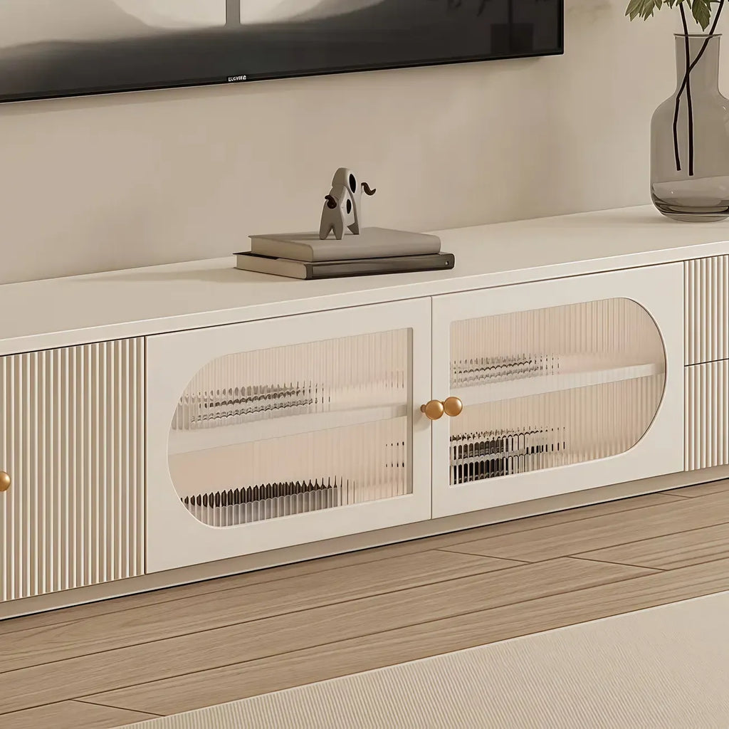 Meuble TV long et moderne en bois blanc avec tiroirs