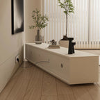 Meuble TV long et moderne en bois blanc avec tiroirs