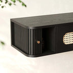 Meuble TV suspendu style Mid-Century avec portes en rotin noir à 3 tiroirs