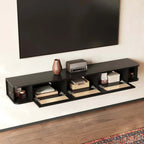 Meuble TV suspendu style Mid-Century avec portes en rotin noir à 3 tiroirs