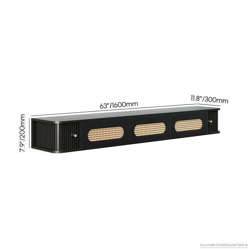 Meuble TV suspendu style Mid-Century avec portes en rotin noir à 3 tiroirs