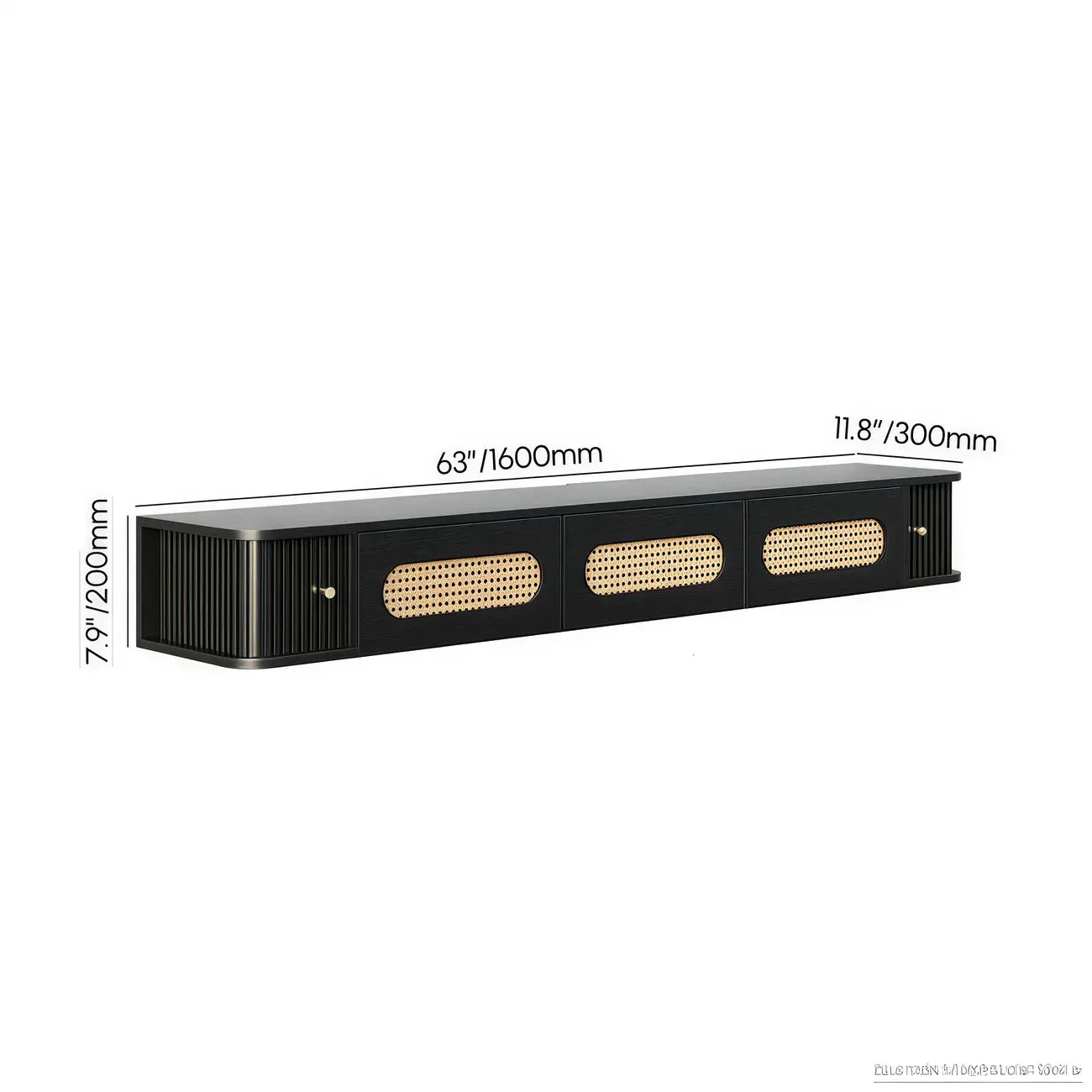 Meuble TV suspendu style Mid-Century avec portes en rotin noir à 3 tiroirs