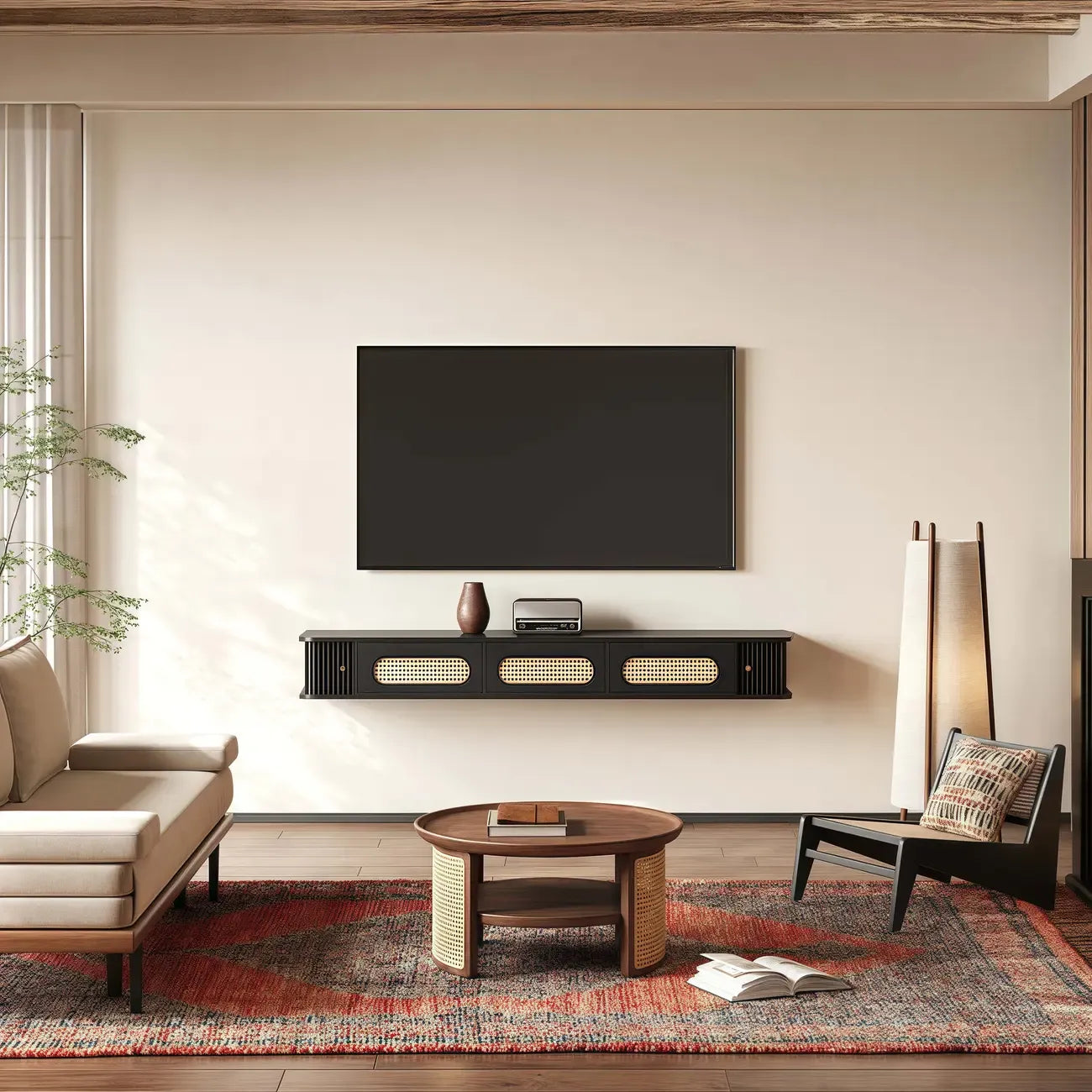 Meuble TV suspendu style Mid-Century avec portes en rotin noir à 3 tiroirs