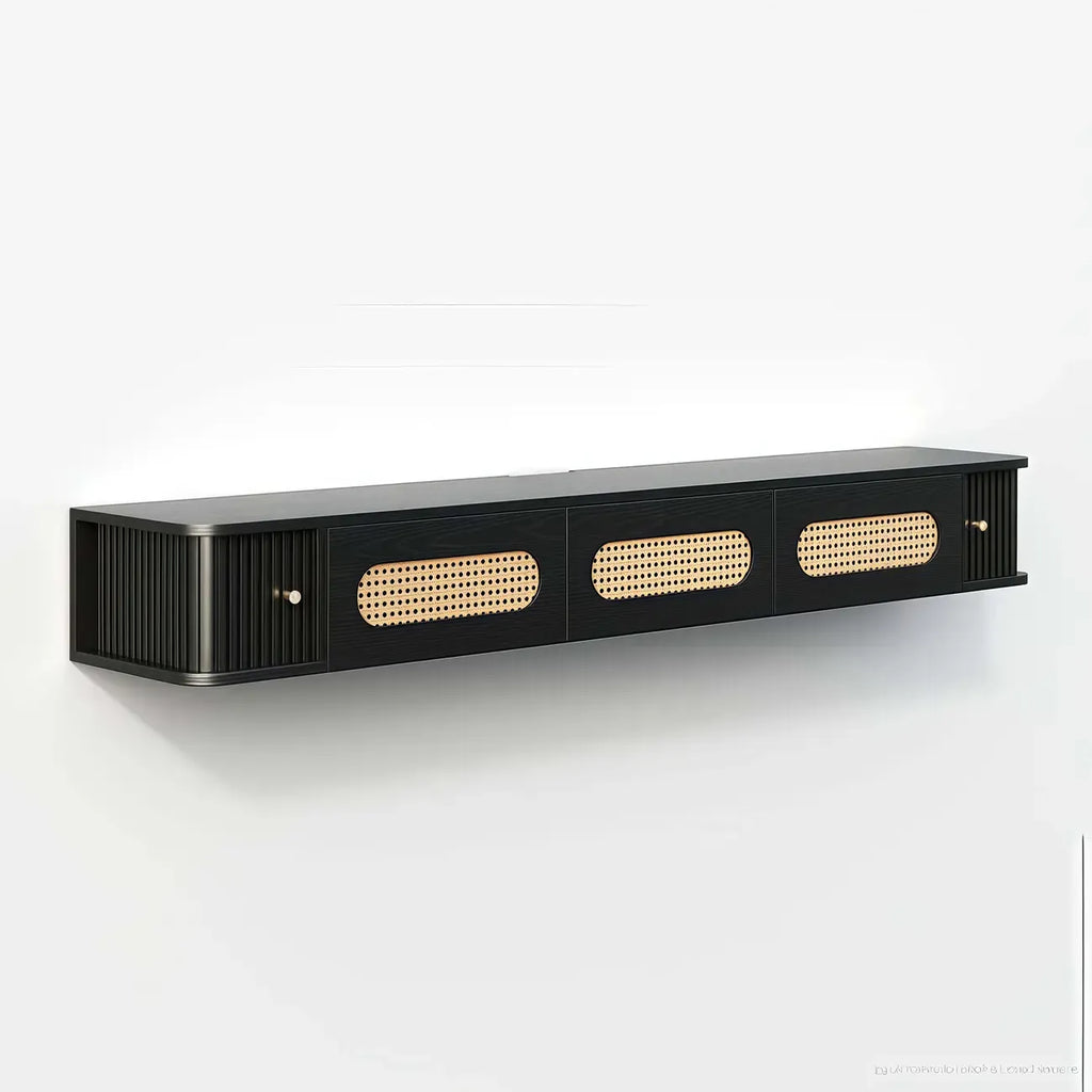 Meuble TV suspendu style Mid-Century avec portes en rotin noir à 3 tiroirs