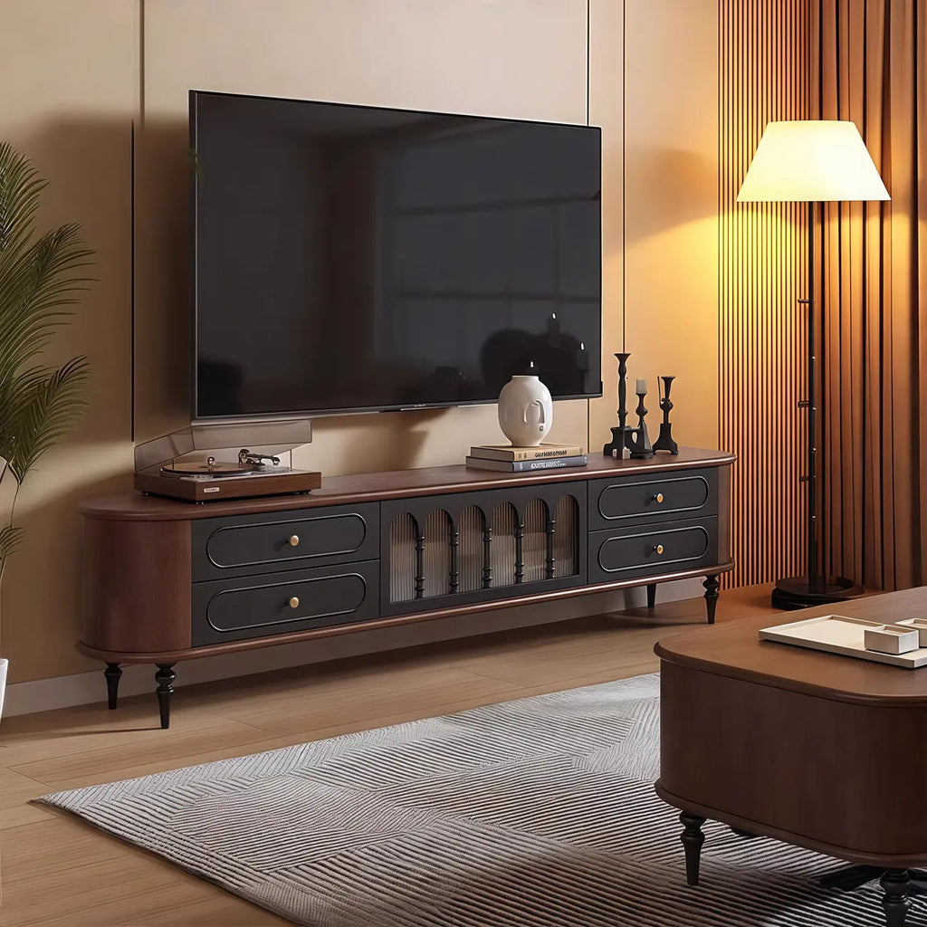 Meuble TV moderne en bois, long et à 4 tiroirs avec portes