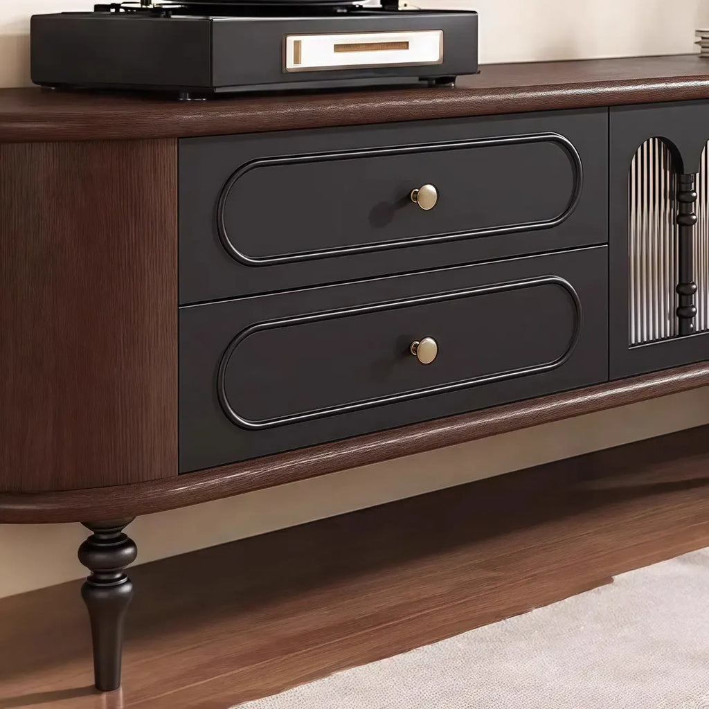 Meuble TV moderne en bois, long et à 4 tiroirs avec portes