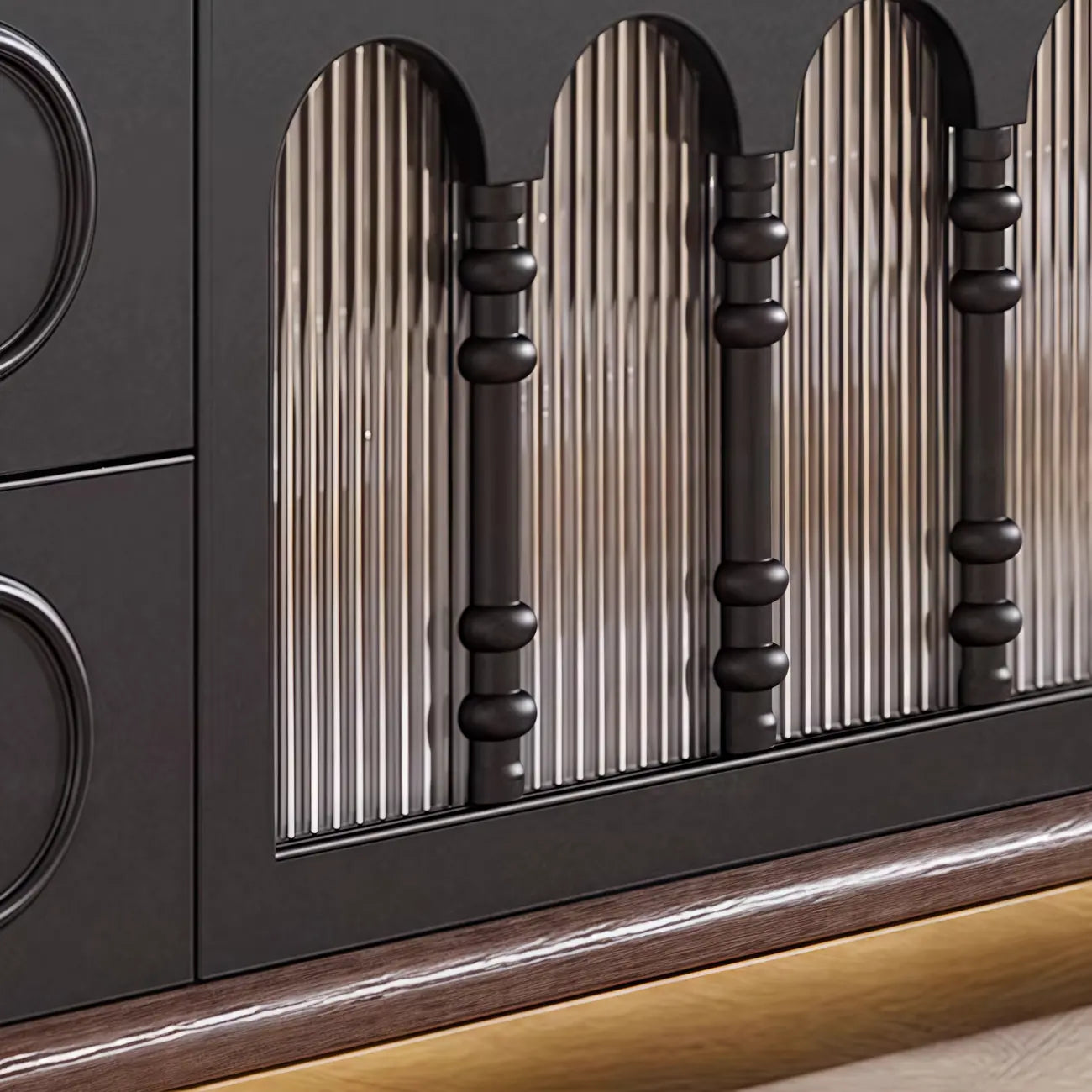 Meuble TV moderne en bois, long et à 4 tiroirs avec portes