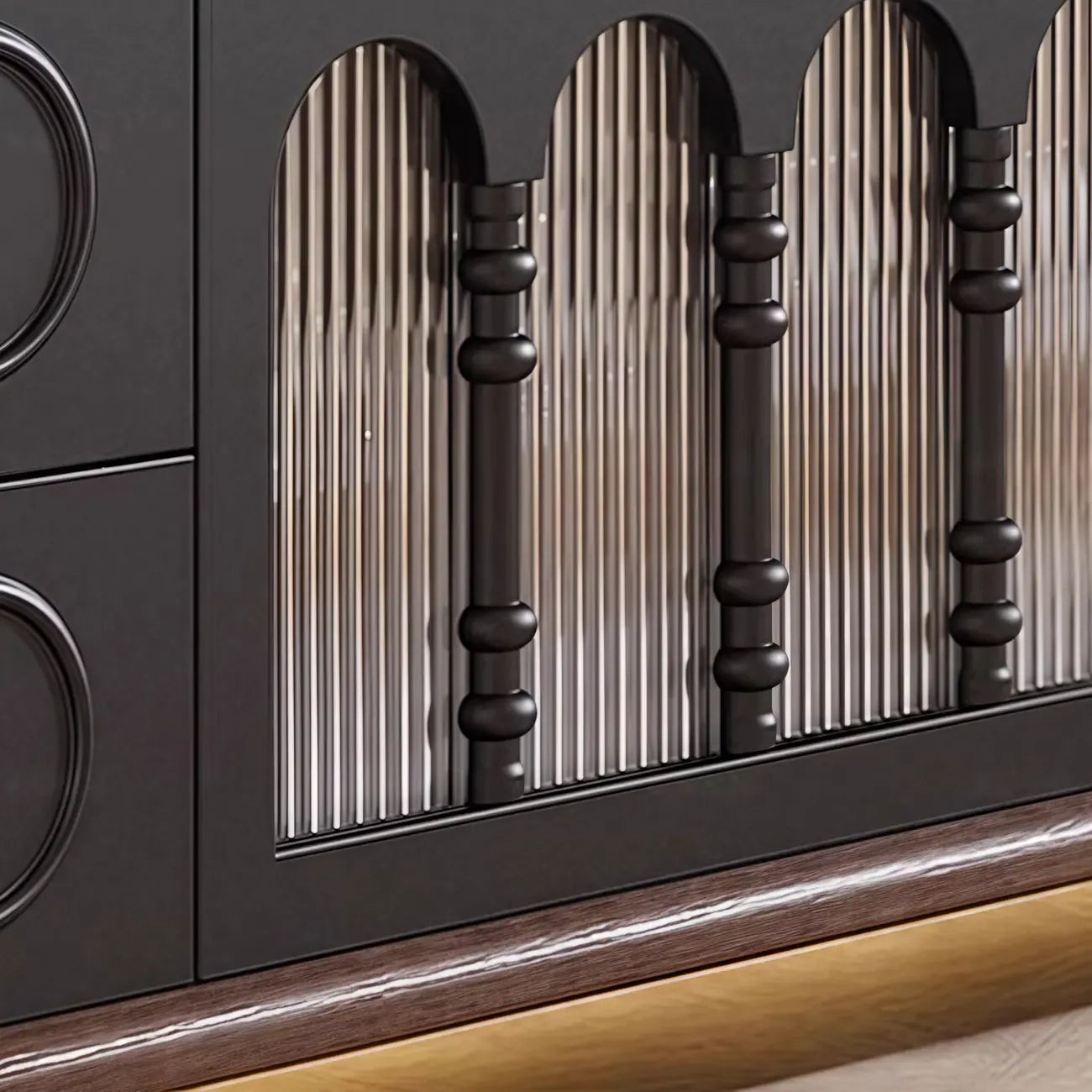 Meuble TV moderne en bois, long et à 4 tiroirs avec portes