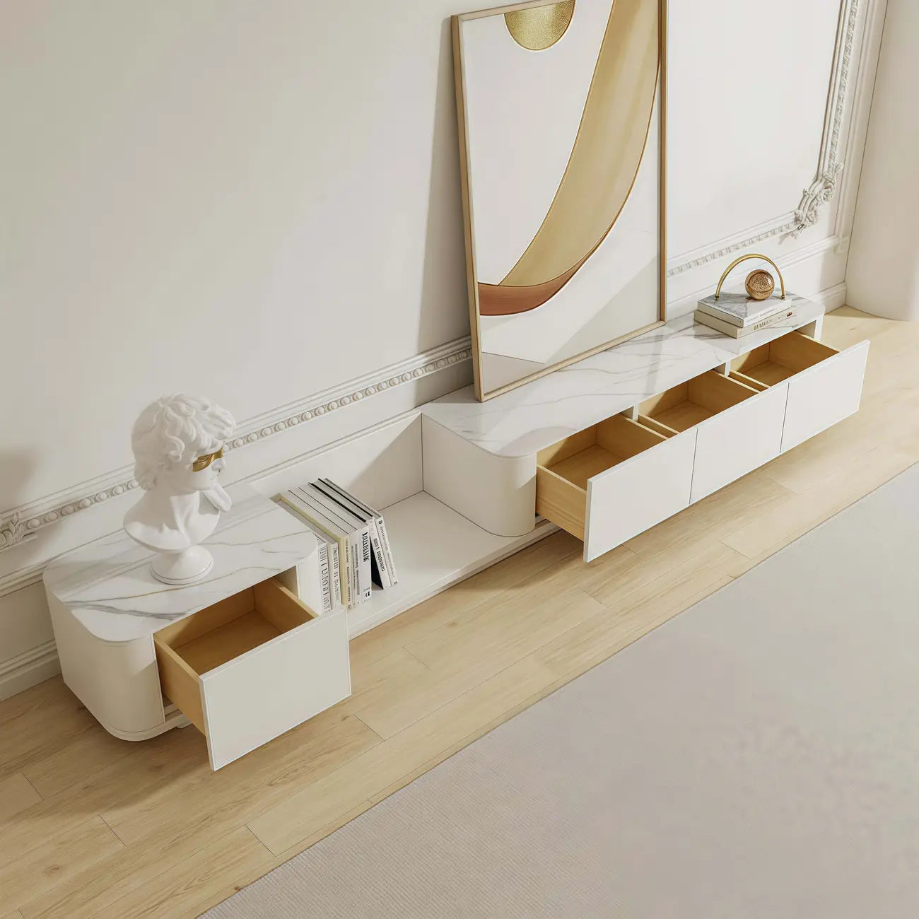 Meuble TV extensible moderne en bois blanc avec tiroirs