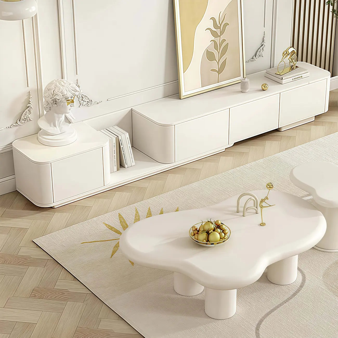 Meuble TV extensible moderne en bois blanc avec tiroirs