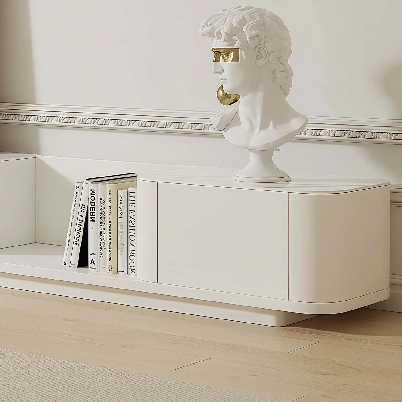 Meuble TV extensible moderne en bois blanc avec tiroirs