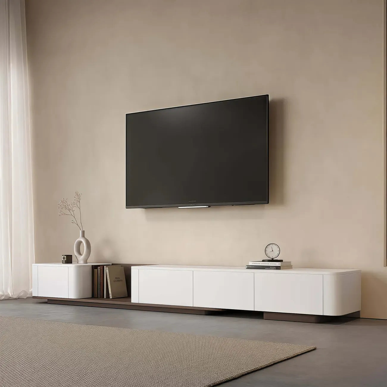 Meuble TV extensible moderne en bois blanc avec tiroirs