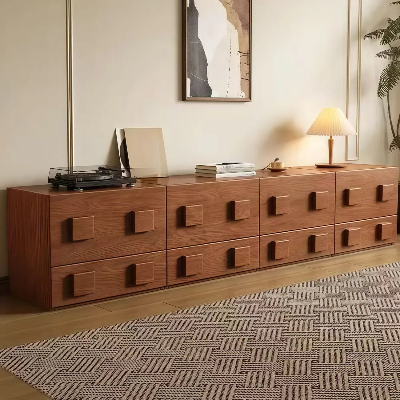 Meuble TV rectangulaire en bois marron à deux niveaux pour salon