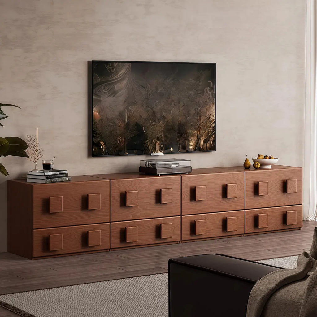 Meuble TV rectangulaire en bois marron à deux niveaux pour salon