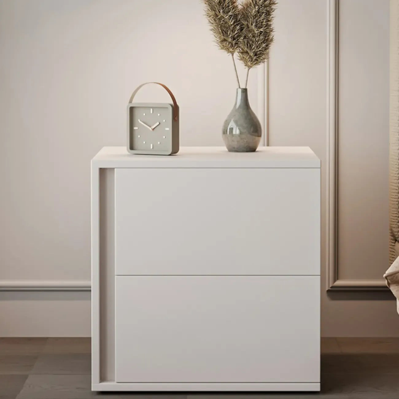 Table de chevet minimaliste à 2 tiroirs en bois blanc pur