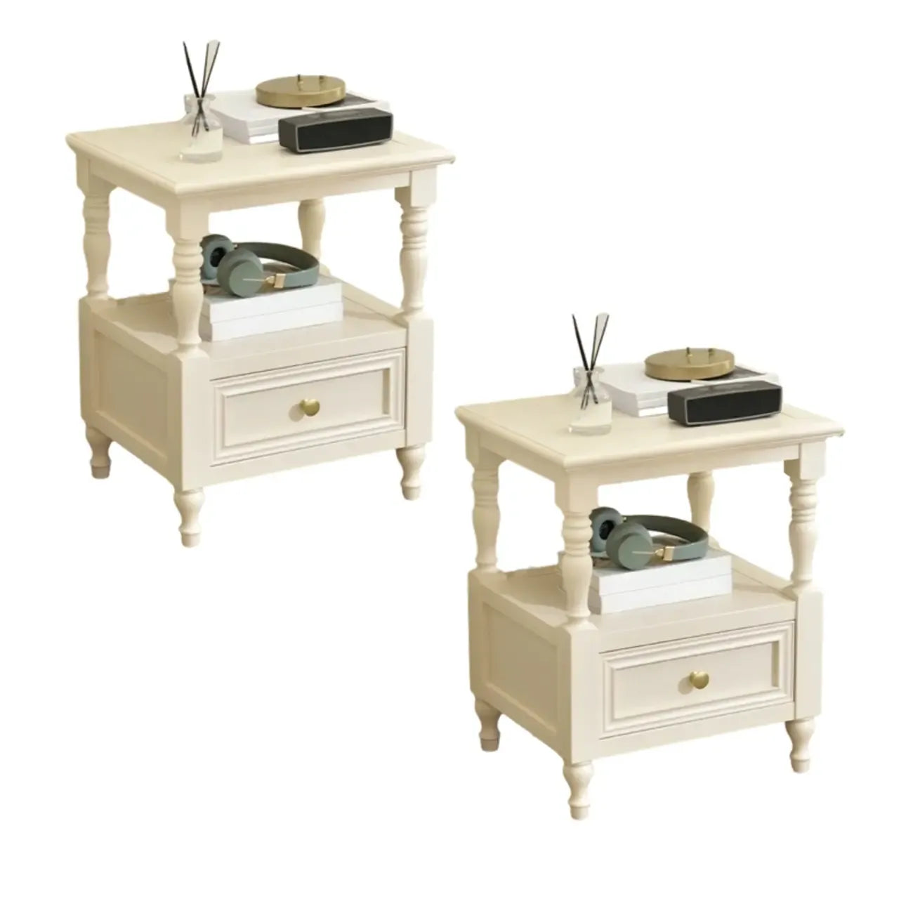 Table de chevet élégante en bois blanc avec tiroir et rangement ouvert