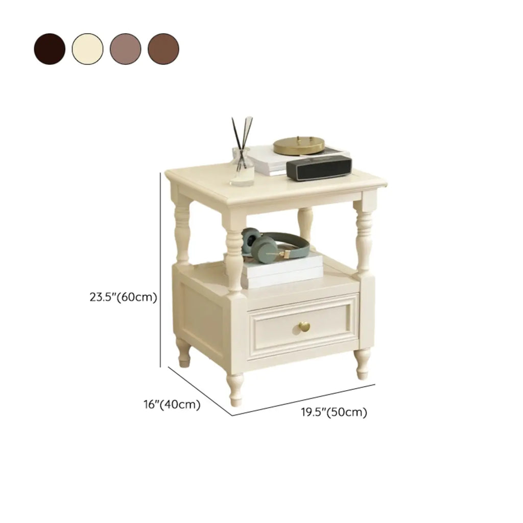 Table de chevet élégante en bois blanc avec tiroir et rangement ouvert