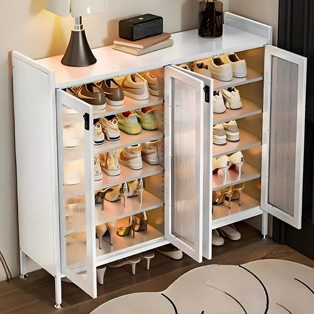 Armoire à chaussures élégante en métal gris avec serrure à code pour entrée