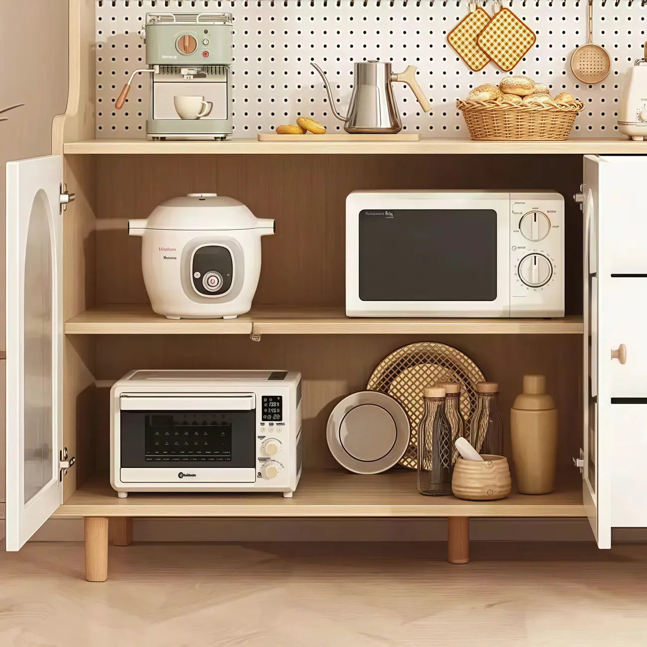 Buffet de cuisine en bois naturel avec étagères ouvertes et 3 tiroirs