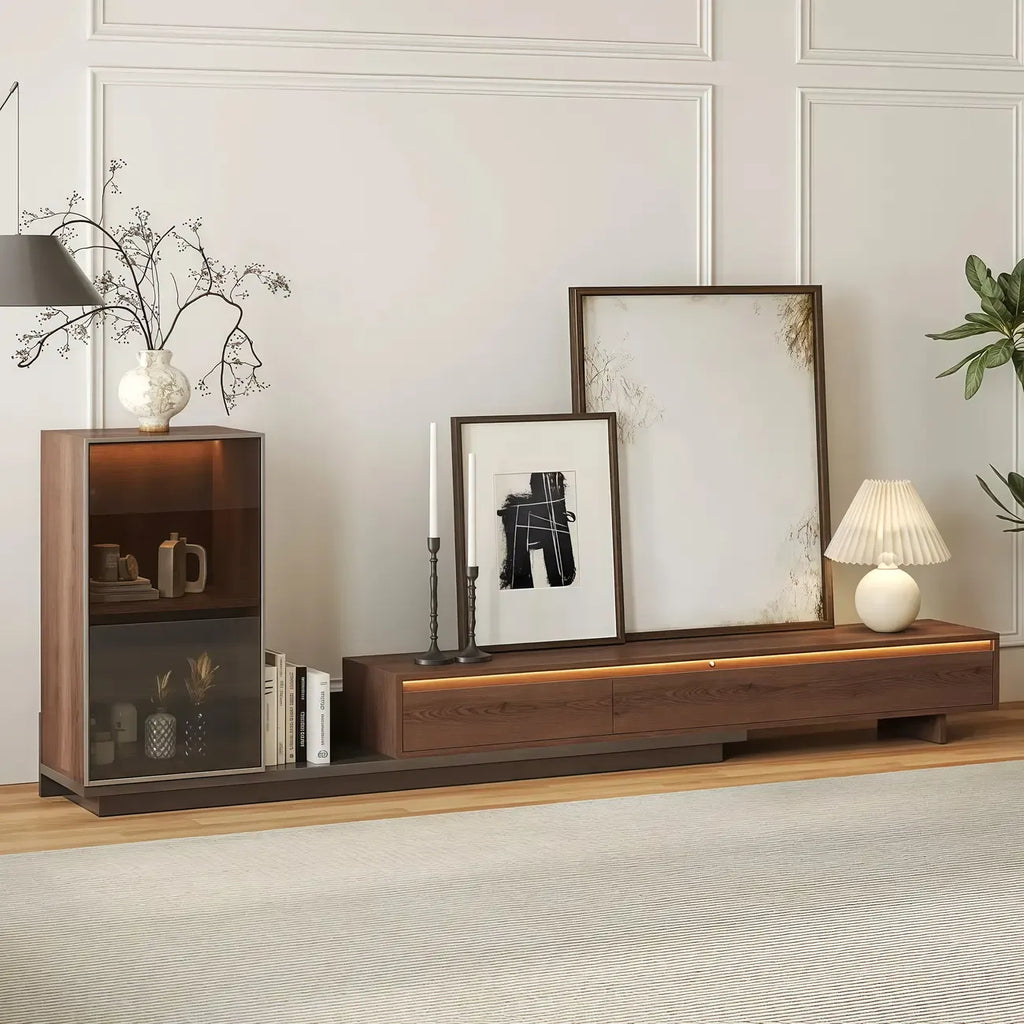 Meuble TV extensible en noyer style milieu du siècle avec tiroirs