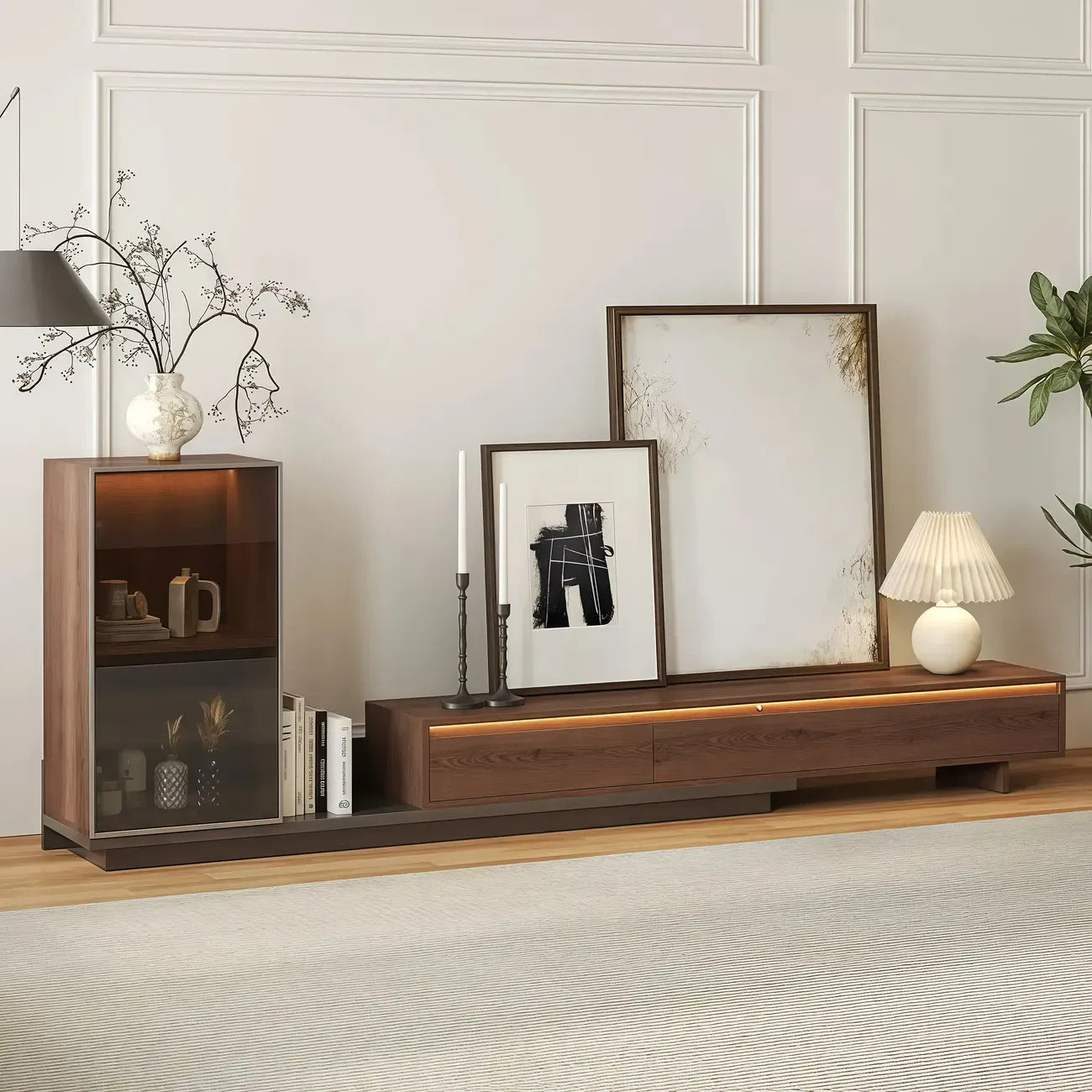 Meuble TV extensible en noyer style milieu du siècle avec tiroirs