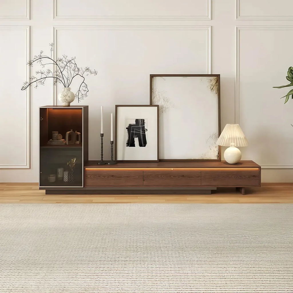 Meuble TV extensible en noyer style milieu du siècle avec tiroirs