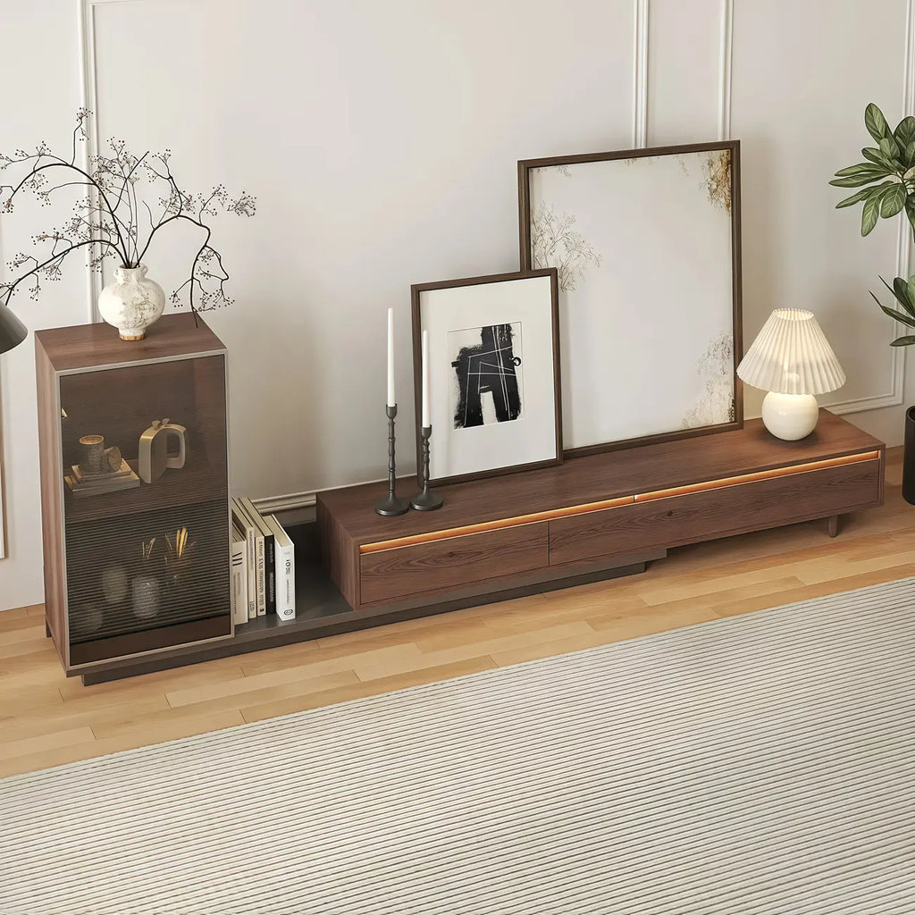 Meuble TV extensible en noyer style milieu du siècle avec tiroirs
