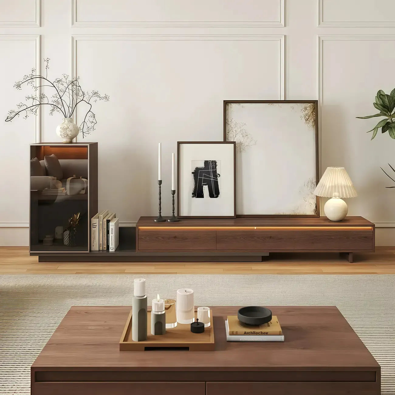 Meuble TV extensible en noyer style milieu du siècle avec tiroirs