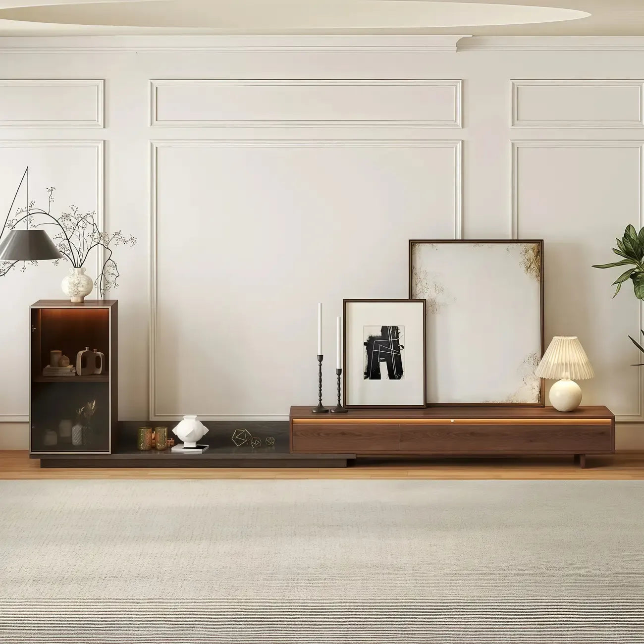 Meuble TV extensible en noyer style milieu du siècle avec tiroirs