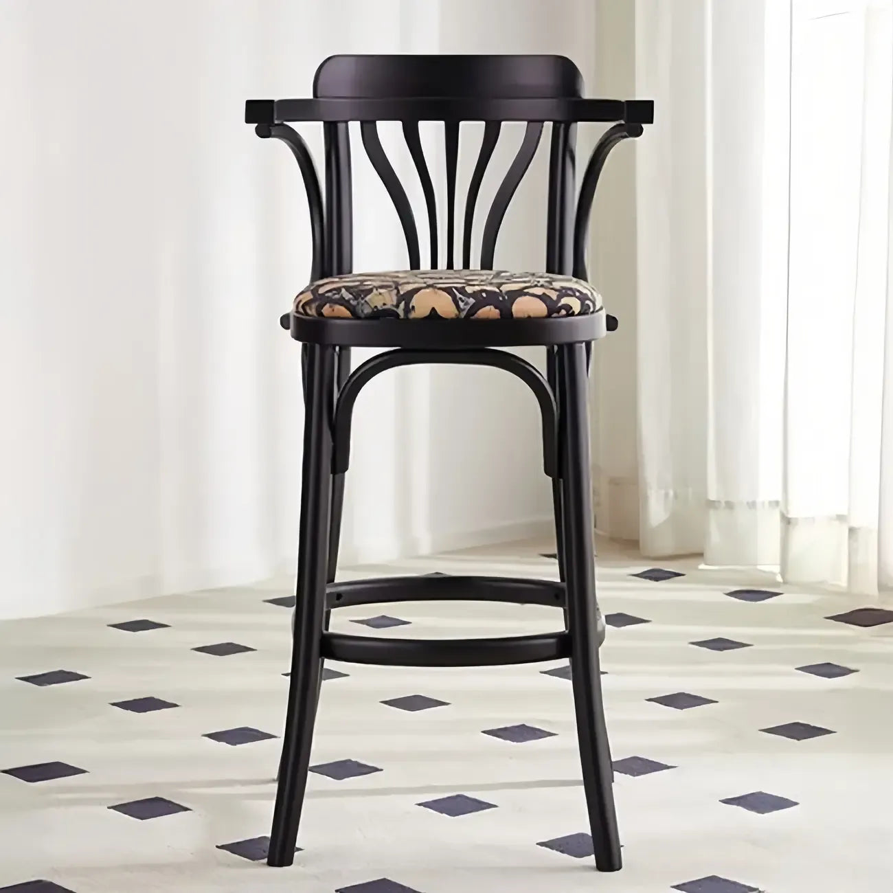 Tabourets de bar ronds rembourrés en bois, style milieu du siècle, avec dossier