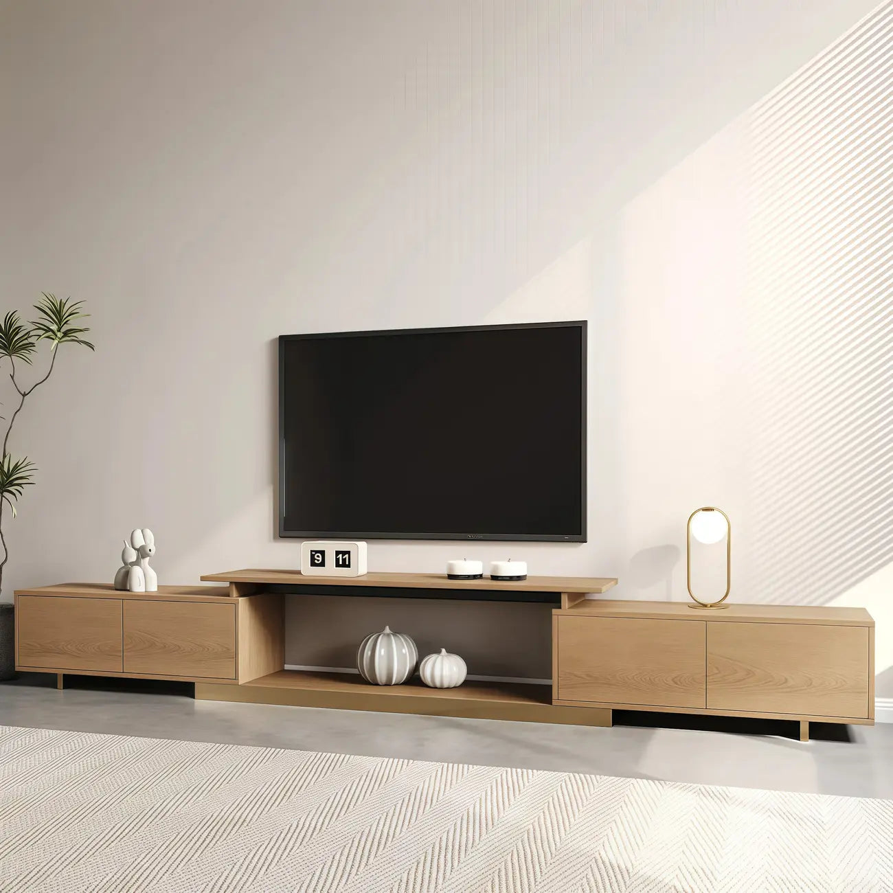 Meuble TV extensible en noyer avec rangement ouvert