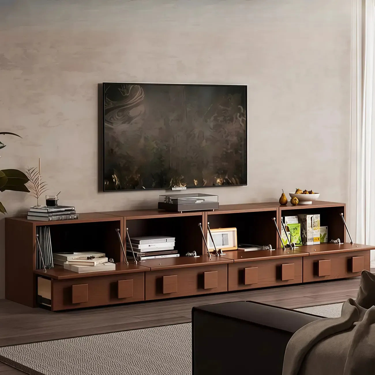 Meuble TV rectangulaire en bois marron à deux niveaux pour salon