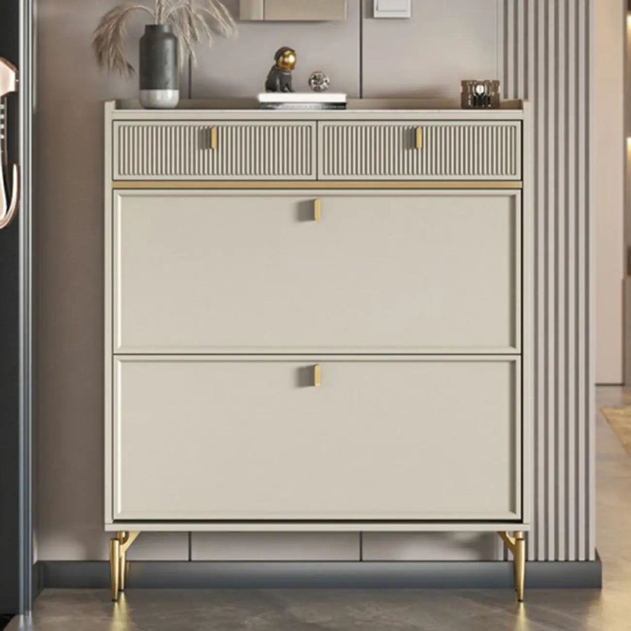 Meuble à chaussures d'entrée en bois blanc cassé avec 2 tiroirs