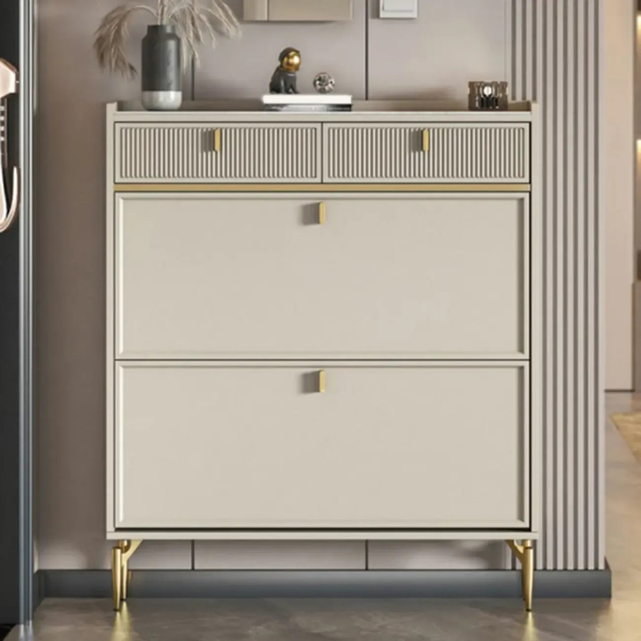 Meuble à chaussures d'entrée en bois blanc cassé avec 2 tiroirs