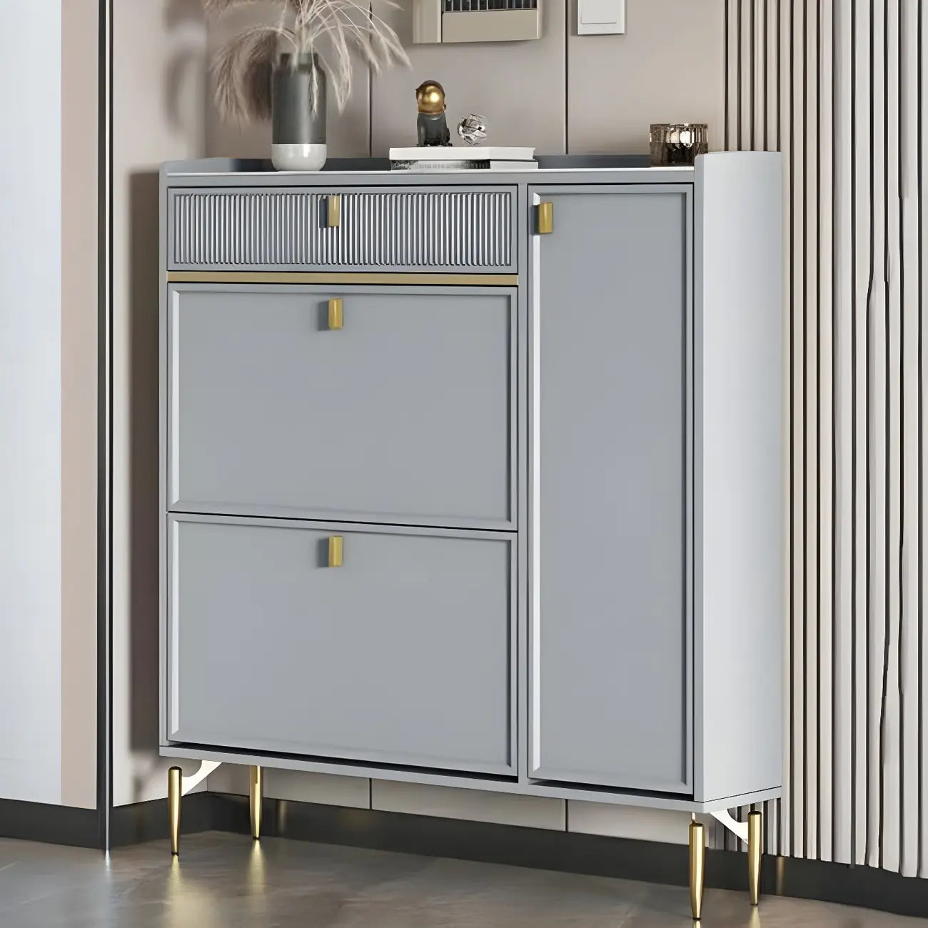 Meuble à chaussures d'entrée en bois blanc cassé avec 2 tiroirs