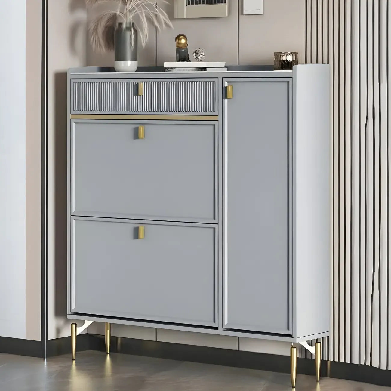 Meuble à chaussures d'entrée en bois blanc cassé avec 2 tiroirs