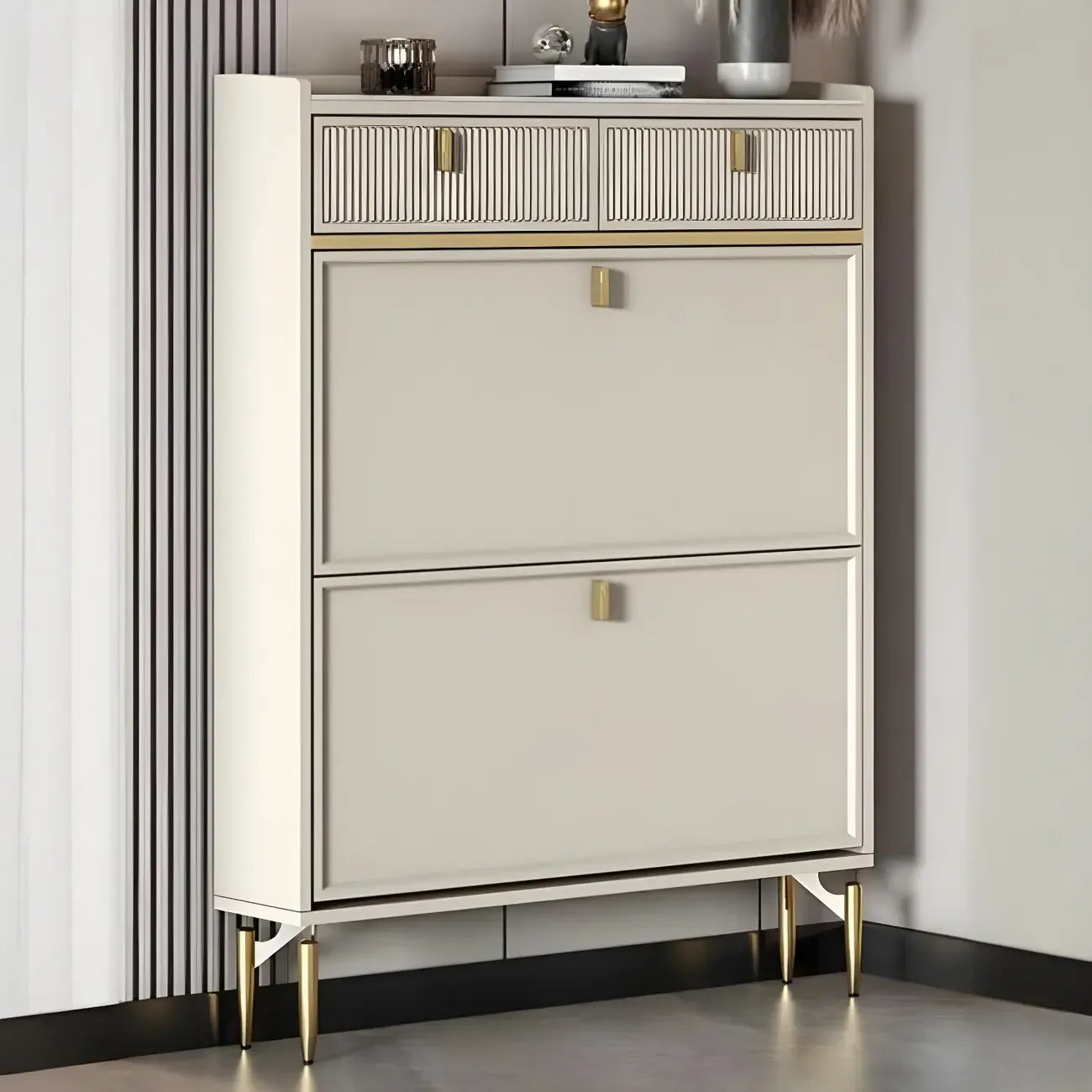 Meuble à chaussures d'entrée en bois blanc cassé avec 2 tiroirs