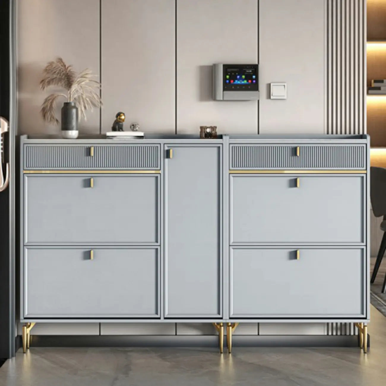 Meuble à chaussures d'entrée en bois blanc cassé avec 2 tiroirs
