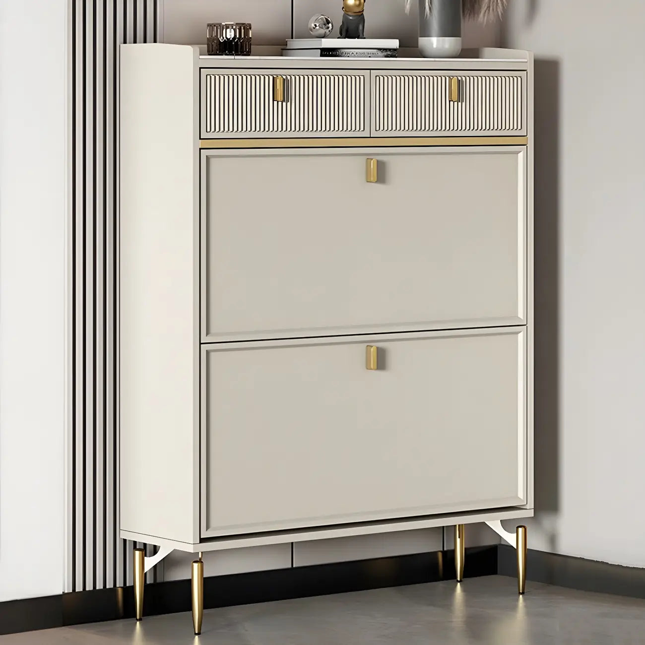 Meuble à chaussures d'entrée en bois blanc cassé avec 2 tiroirs