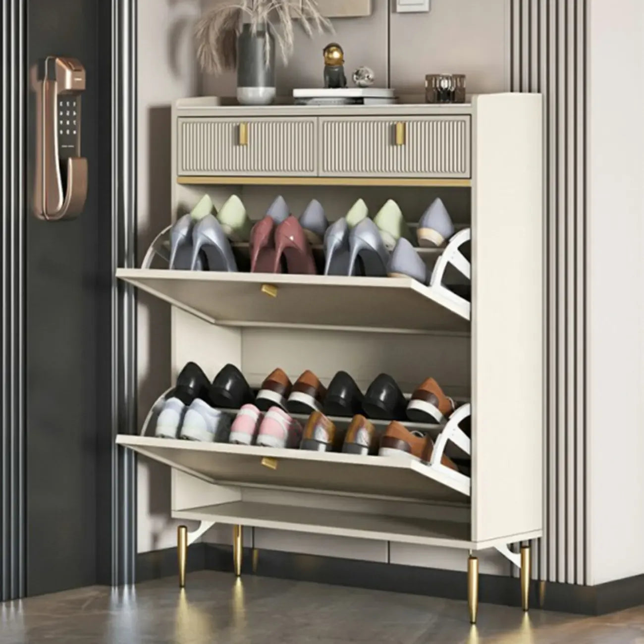 Meuble à chaussures d'entrée en bois blanc cassé avec 2 tiroirs