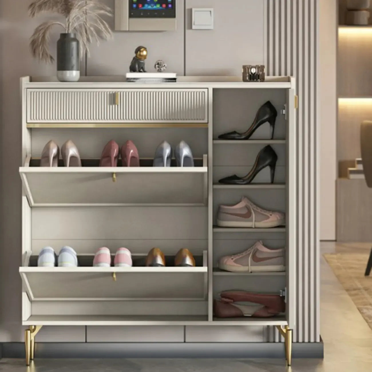 Meuble à chaussures d'entrée en bois blanc cassé avec 2 tiroirs