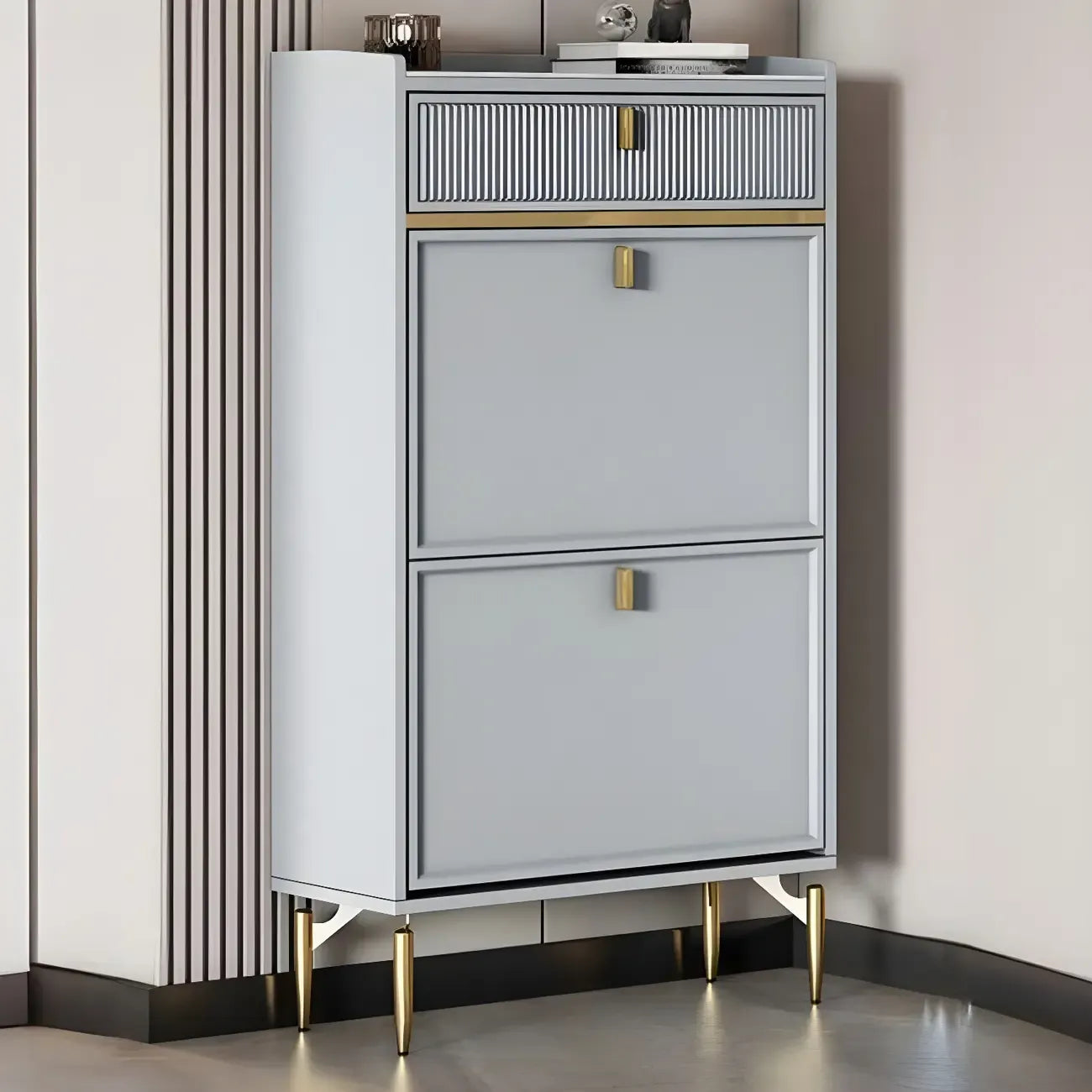 Meuble à chaussures d'entrée en bois blanc cassé avec 2 tiroirs