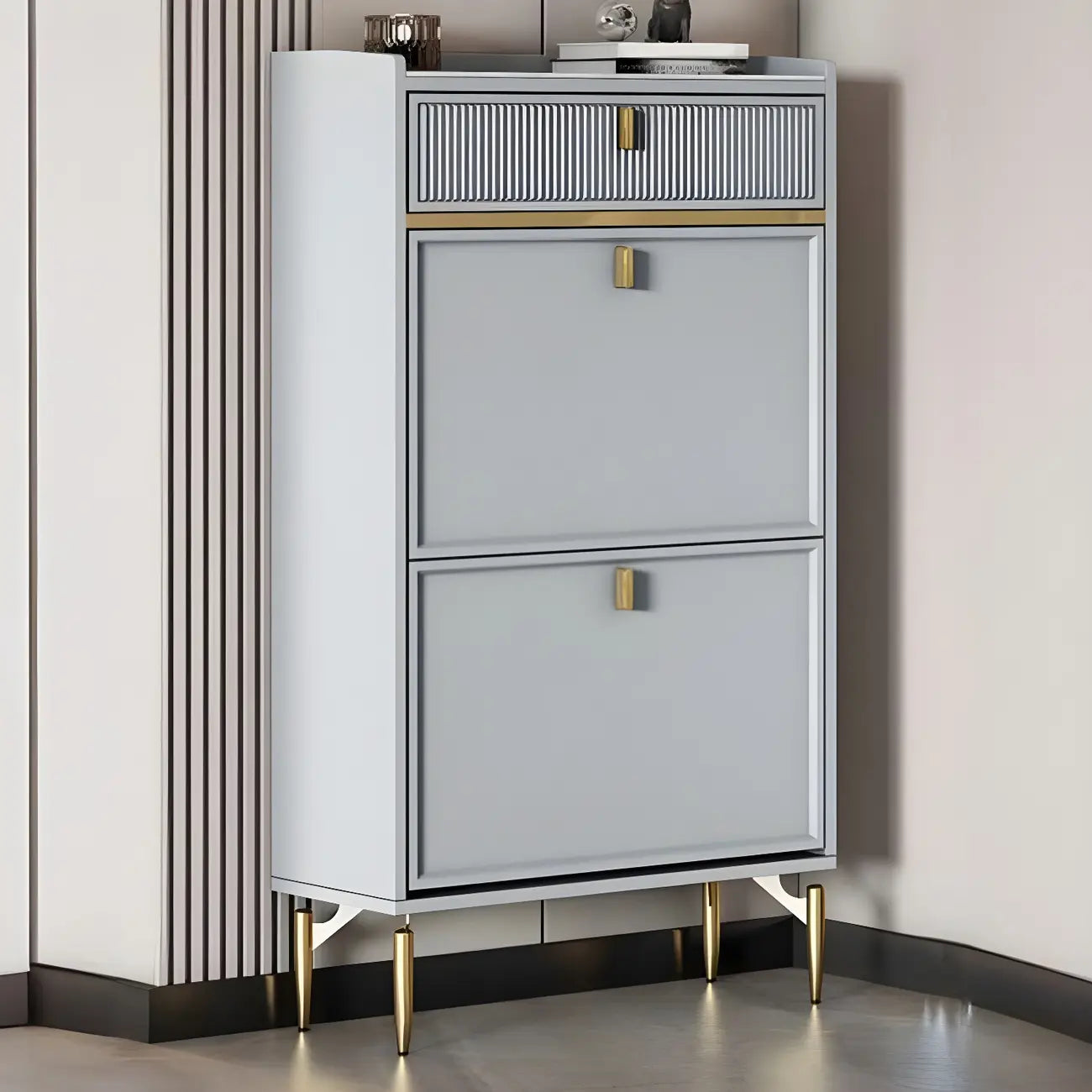 Meuble à chaussures d'entrée en bois blanc cassé avec 2 tiroirs