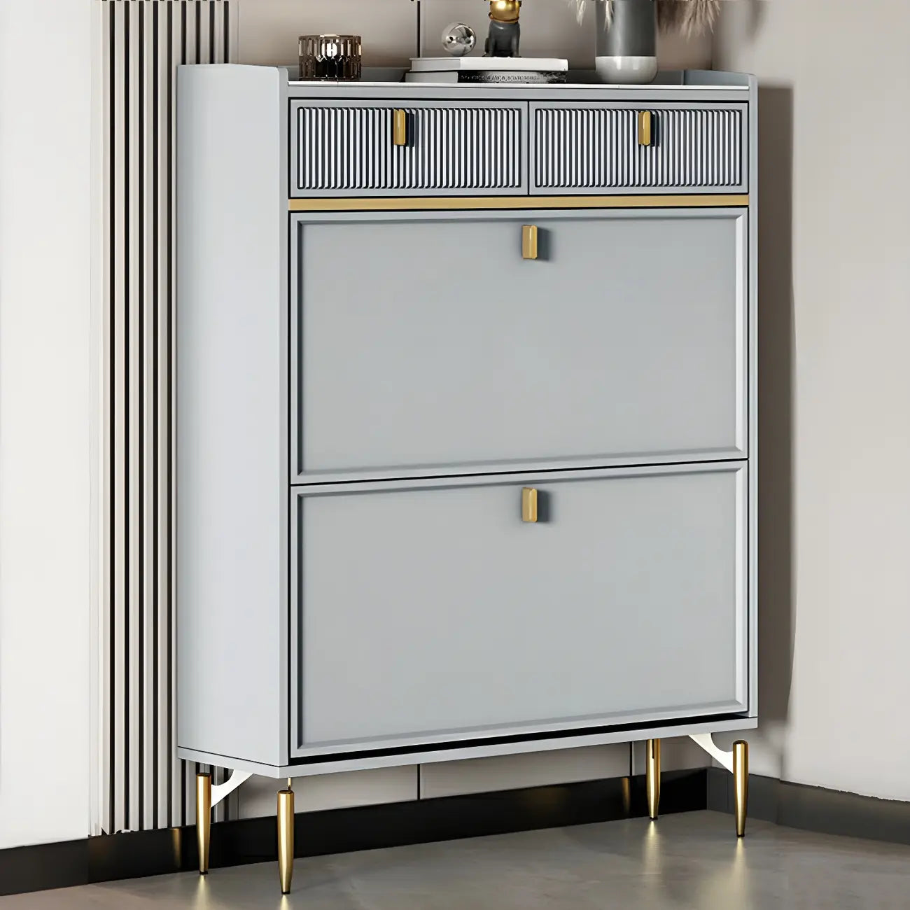 Meuble à chaussures d'entrée en bois blanc cassé avec 2 tiroirs