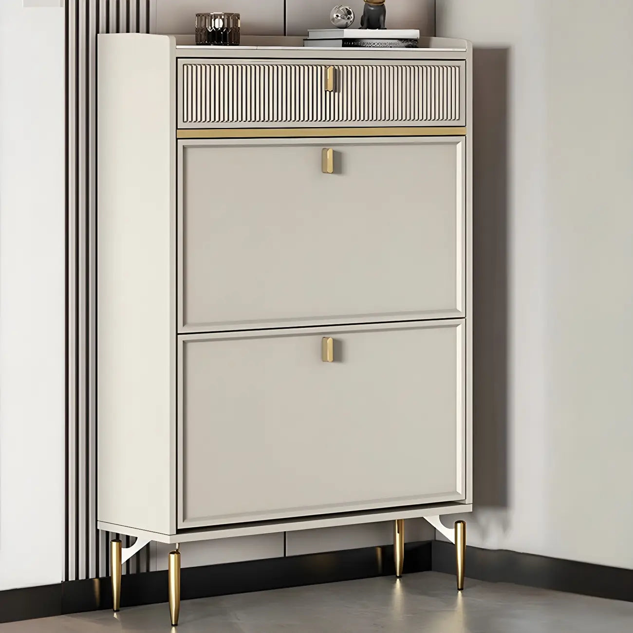Meuble à chaussures d'entrée en bois blanc cassé avec 2 tiroirs