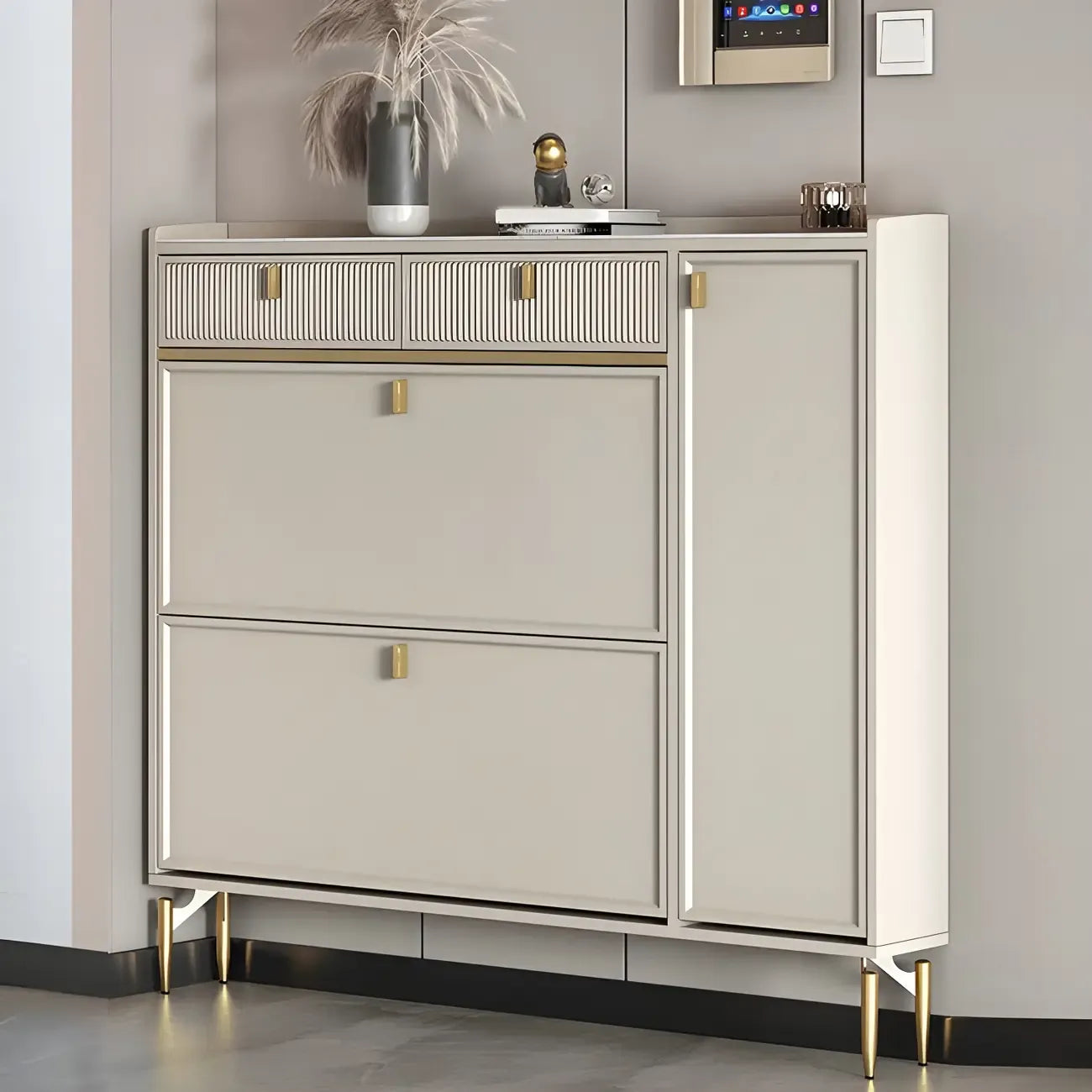 Meuble à chaussures d'entrée en bois blanc cassé avec 2 tiroirs